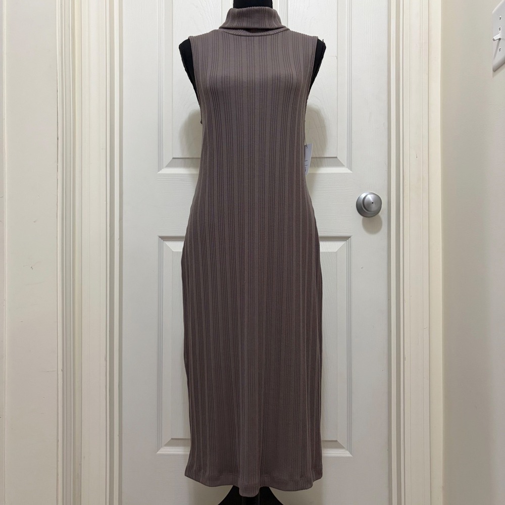 NEW Nine West Ribbed‎ Sleeveless Turtleneck Midi Dress XL Brown Taupe Bodycon